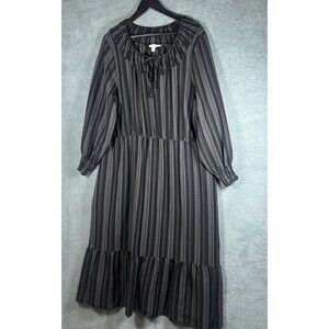 Terra & Sky Womens Dress 2X Black Gray Maxi Stripes Prairie Cottage Peasant